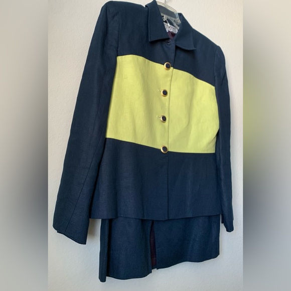 Gently Used Two Piece Career Shirt Suit-Lime/ Navy Blue Jacket Navy Blue Shirt - Picture 13 of 16